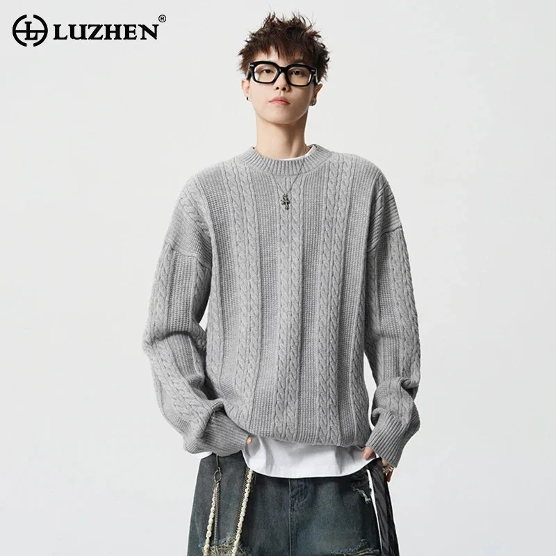 

LUZHEN 2025 Winter New Solid Color Embossed Style Round Neck Knitted Pullover Men's Fashion Handsome Casual Male Sweater JY5295