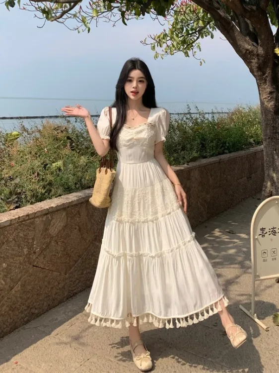 

plus Size Women's Short Sleeve Ruffle Hem Dress Slimming Waist High Waist A-Line Skirt Korean Style Commute Lace Bubble Sleeve