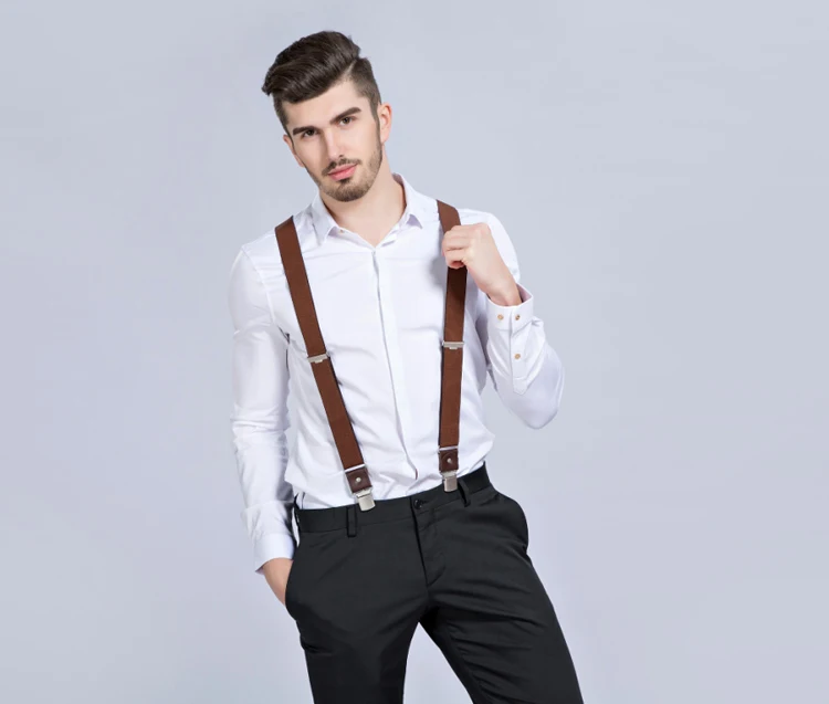 Leather Suspenders Men 3.5cm Y-Back 3 Clips Male Suspensorios Adjustable Elastic Trouser Braces Strap Belt Suit Accessories