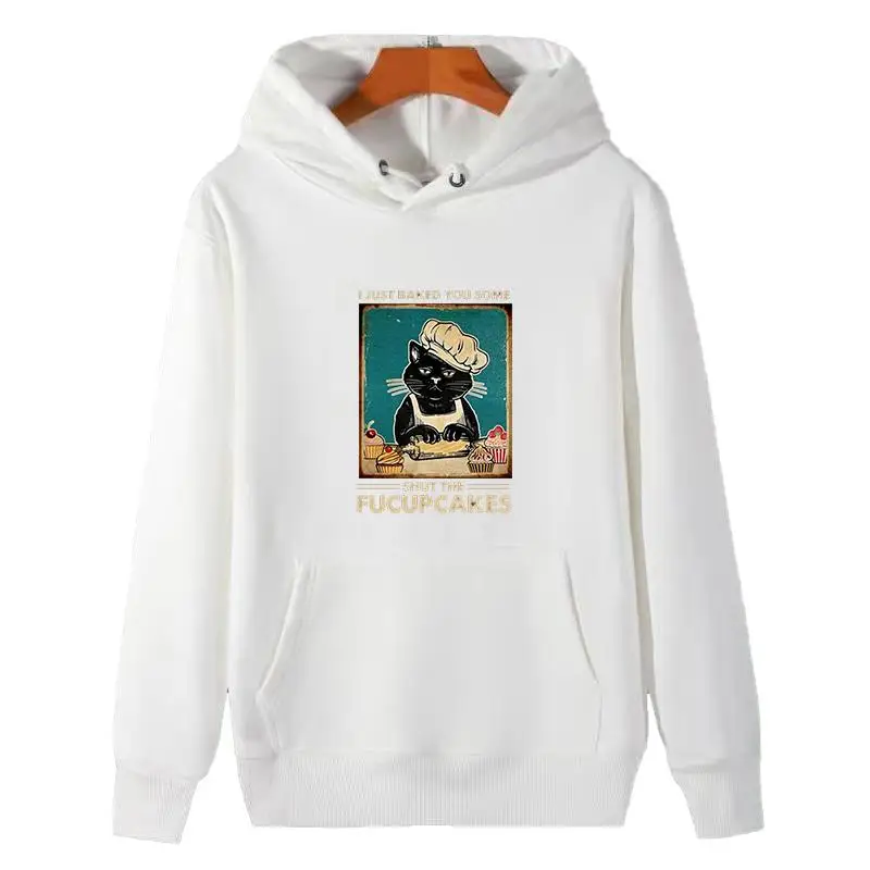 Funny Black Cat Baker Vintage Graphic Hoodie I Just Baked You Some Cupcakes Slogan Black Pullover Sweatshirt Kangaroo Pocket Casual Unisex Baking Cat Lover Streetwear Gift