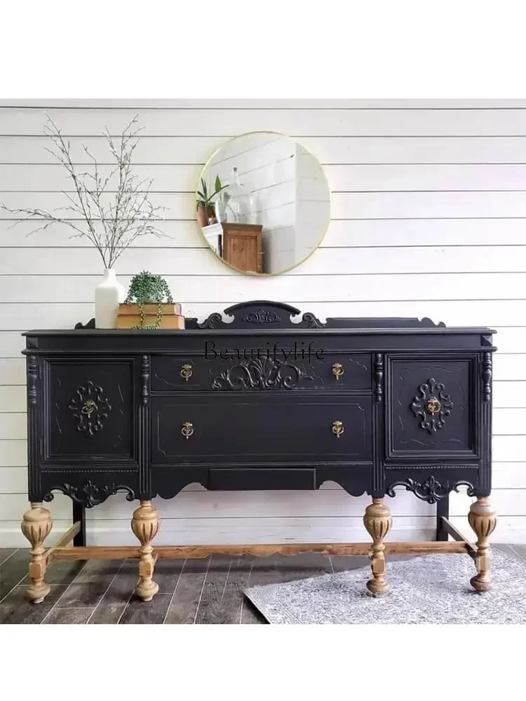 

2 yj15 French Style Hallway Vintage Entryway Cabinet European Style Home Wall-Mounted Storage Solid Wood Carved Sideboard