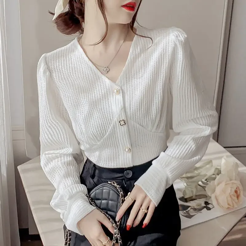 Spring and Autumn Women\'s Solid V-Neck Pullover Long Sleeve Loose Shirt Comfortable, Fashion, Elegant, Commuting, Simple Tops