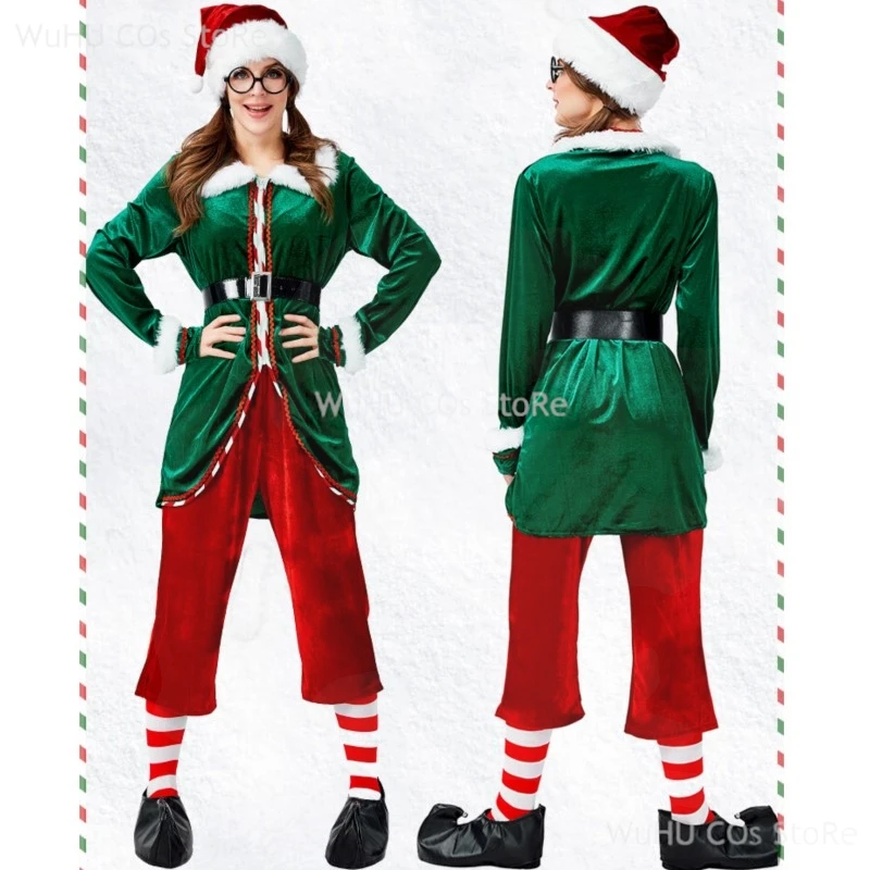 Deluxe Adult Christmas Santa Claus Costume Green Xmas Elf Disguise Couple Cosplay Carnival New Year Party Fancy Dress Outfit