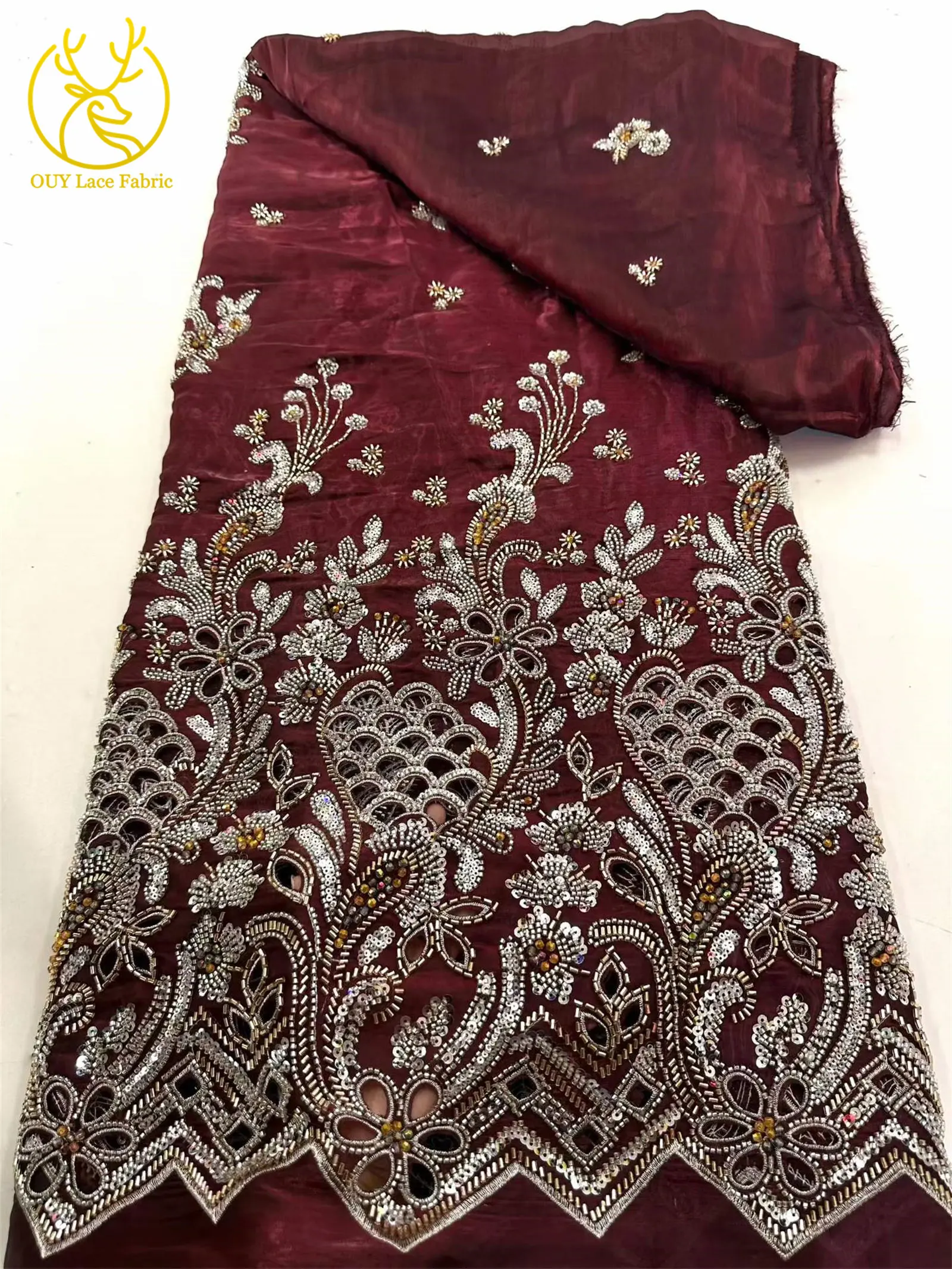 Neueste Afrikanische Schwer Verzierte Spitzenstoffe 5 Yards Nigerianische Schweizer Perlen-Pailletten-Spitze für Bräutigam-Kleider und Damenkleider zum Nähen – Detail 4