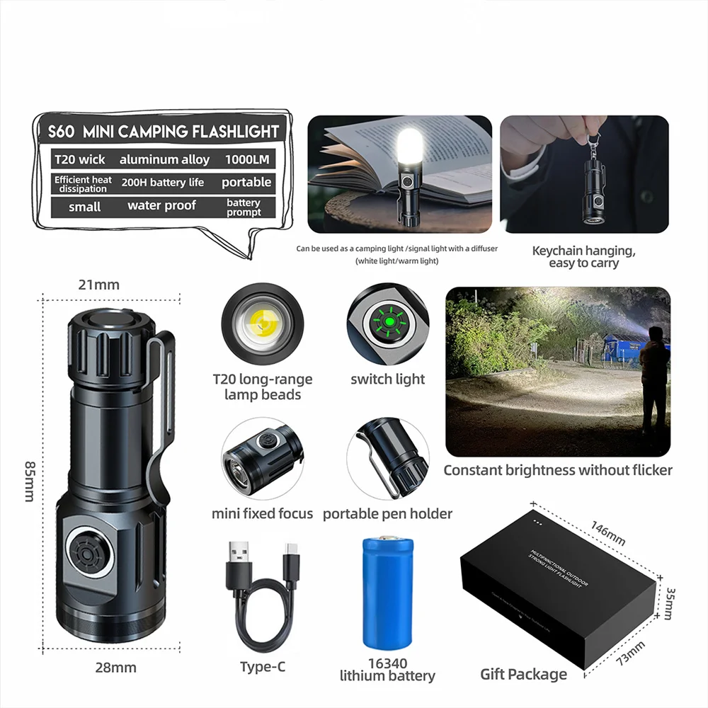 Powerful LED Flashlight EDC Strong Light Lamp Type-C Rechargeable Outdoor Mini Fixed Focus Small Flashlight Camping Light Torch