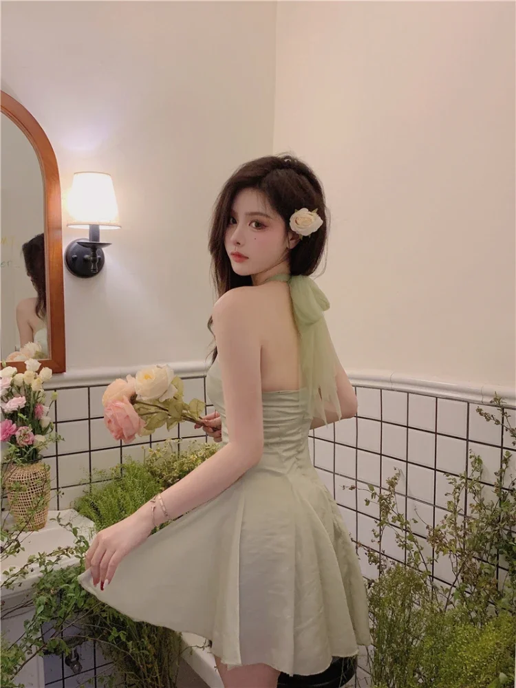 Ezgaga seksowne sukienki damskie bez rฤkawรณw Halter bandaลผ Backless w stylu francuskim lato nowy jednolity, patchworkowy damski elegancki strรณj