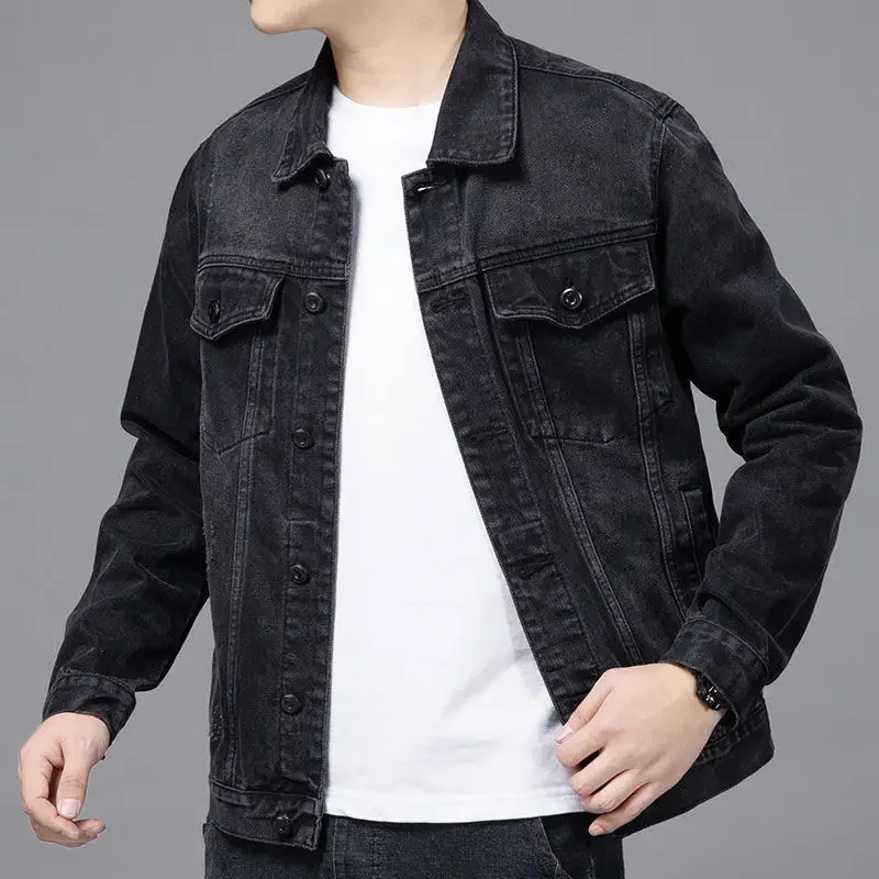 Men Black Denim Jacket Streetwear Spring Autumn Vintage Casual Long Sleeves Top Fashion Turndown Collar Loose Coat Jaqueta Jeans