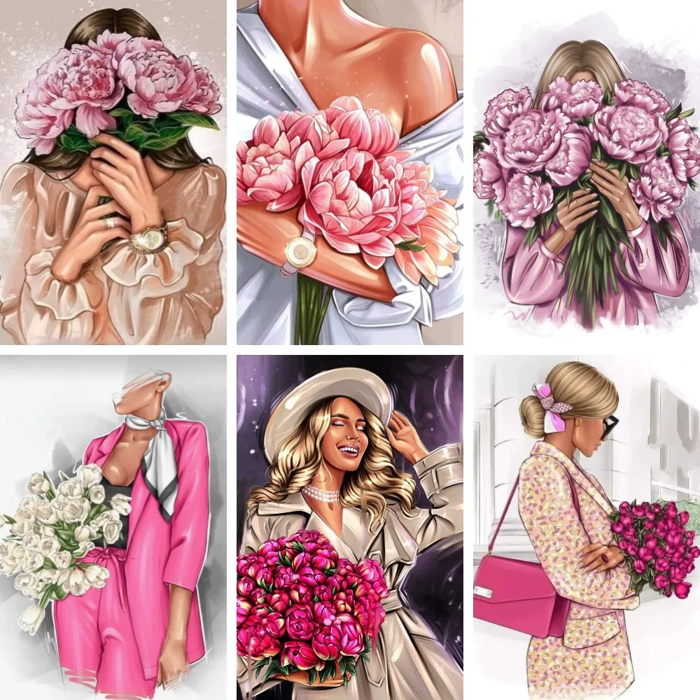 

5D DIY Diamond Painting Fashion Girl Holding Flowers Bouquet Embroidery Mosaic Spring Blonde Woman Girly Decor New Year Gift