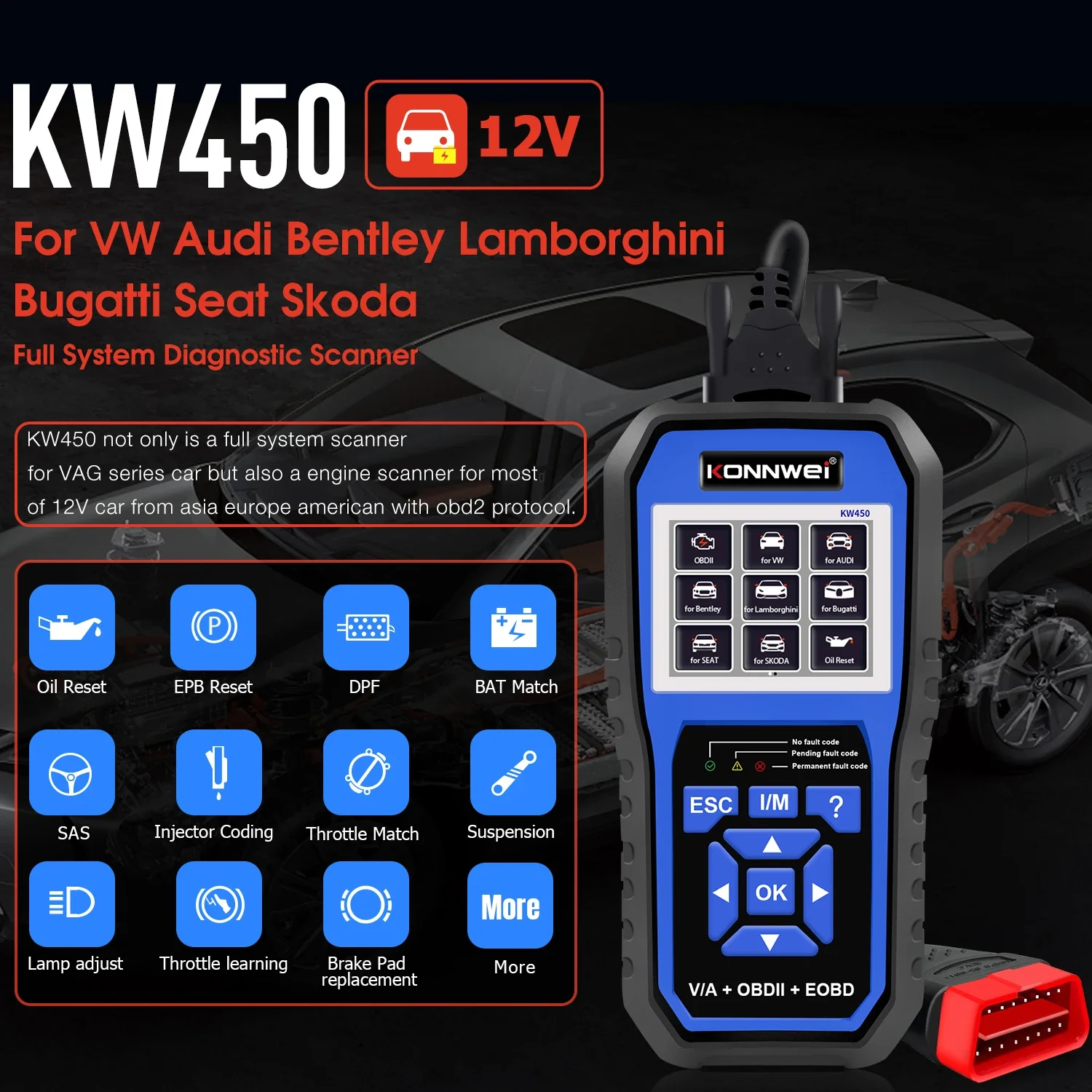 

KONNWEI KW450 OBD2 Car For VAG Diagnostic For VW/AUDI Automotive ABS Airbag Reset Code Reader Adapter Scanner Auto Tools