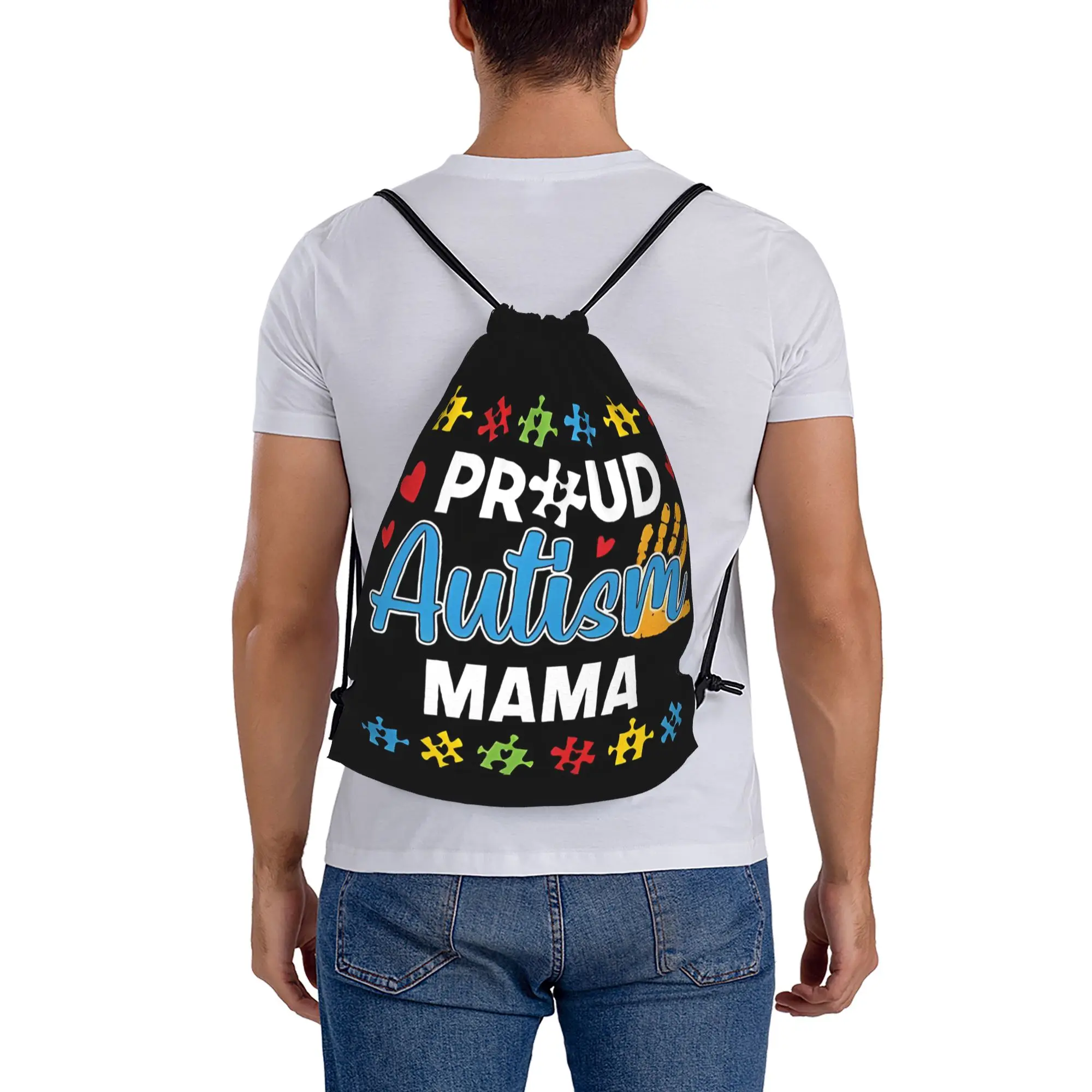 Proud Mama Autism Awareness Month Matching Family Puzzle Mom  Drawstring Bags Gym Unisex Storage Organize Bundle Pocket Rope Bag
