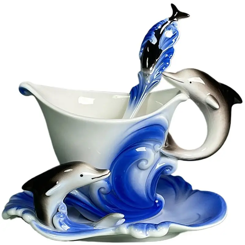 Enamel Ceramic Dolphin Set Cup,Dolphin Marine Life Mug Plate Spoon Drinking Utensil,Gift Box Set High-end Feel and Good Gift