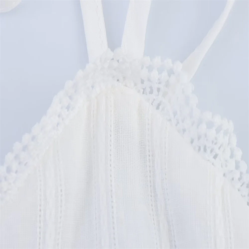 Verão nova moda feminina sem costas em camadas decoração pendurado pescoço colarinho vestido curto