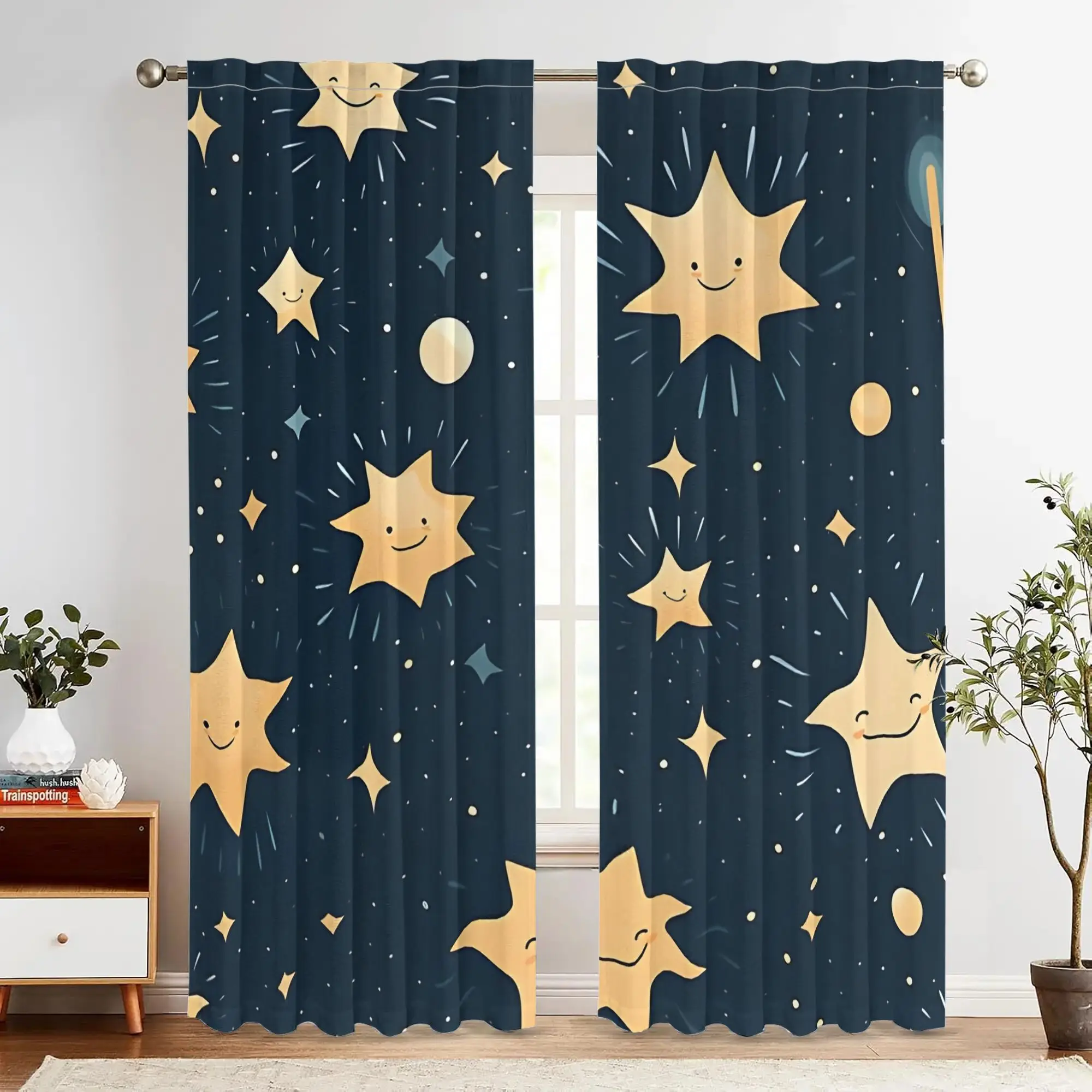 Cartoon starry sky smiling face stars Print Drapes Room Darkening Window Curtains for Home Decor,Rod Pocket Blackout Curtains