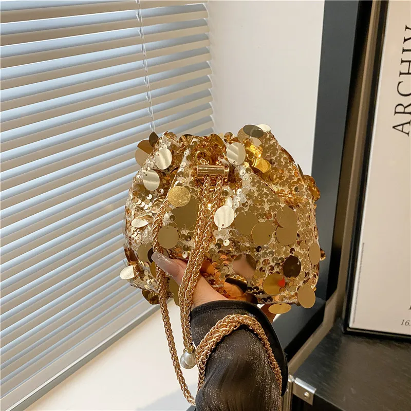 

Sequin Chain Women's Portable Bucket Shoulder Bags Retro Ladies Dinner Party Clutch Purse Luxury Design Female Crossbody Bag