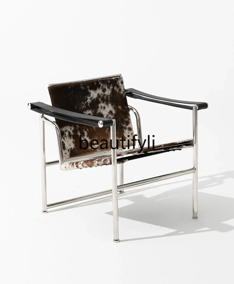 

Medieval Armchair Tiger Pattern Cowhide Stainless Steel Living Room Single Sofa Reading Chair