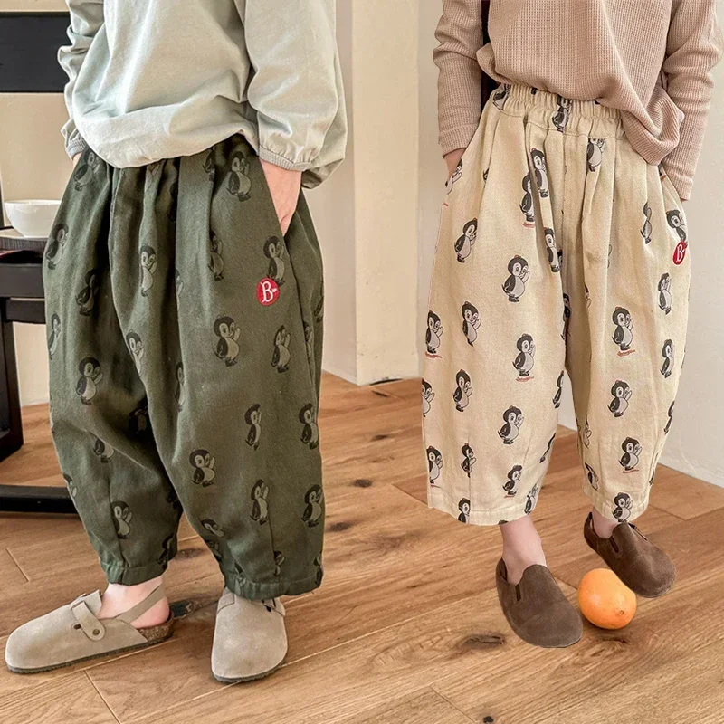 2025 Autumn Spring Kids Korean Style Water Wash Cotton Haren Pants Unisex Casual Trousers for 80-130cm Children Cute Print Pants
