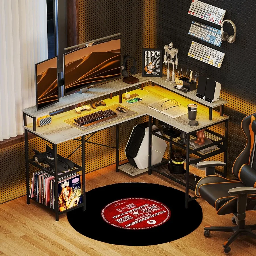 مكتب على شكل حرف L مع أضواء LED ومنافذ طاقة 59 مكتب ألعاب مع حامل شاشة وأرفف تخزين للمنزل والمكتب والمنتجعات الصحية الصغيرة