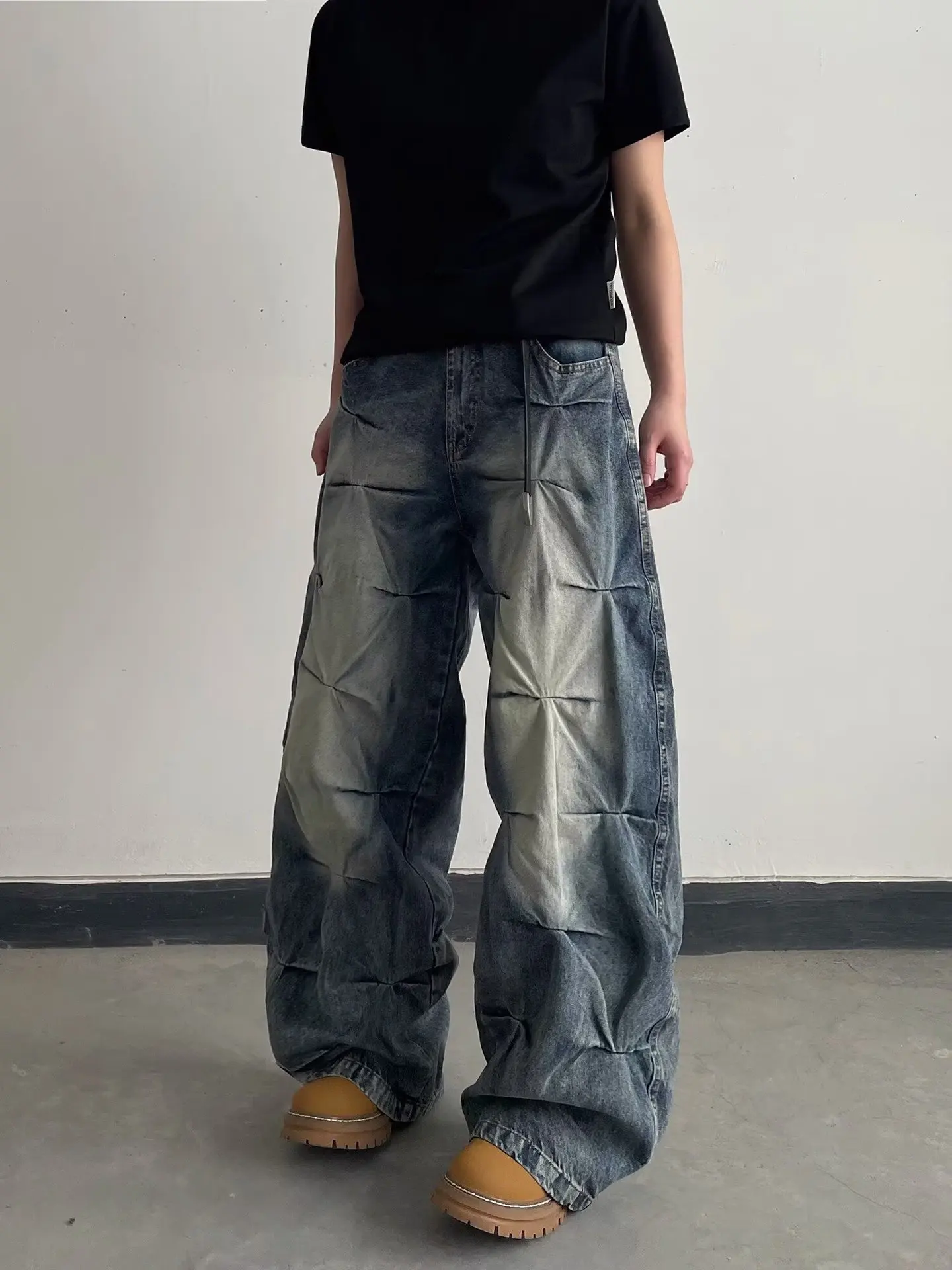 

Американские потертые плиссированные джинсы для мужчин, потертые широкие джинсовые брюки в стиле ретро, весенне-осенние повседневные модные свободные мужские брюки