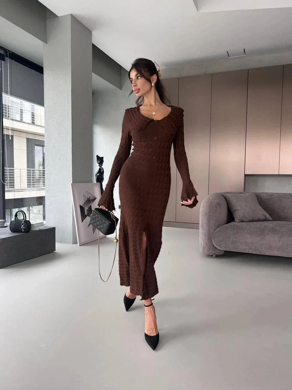 Elegancka damska sukienka z dzianiny z rozcięciem i falbanami, szykowna sukienka z dekoltem w serek, rozkloszowana, z długim rękawem, podkreślająca talię, długa sukienka, sukienka na wakacje, sukienka na przyjęcie.