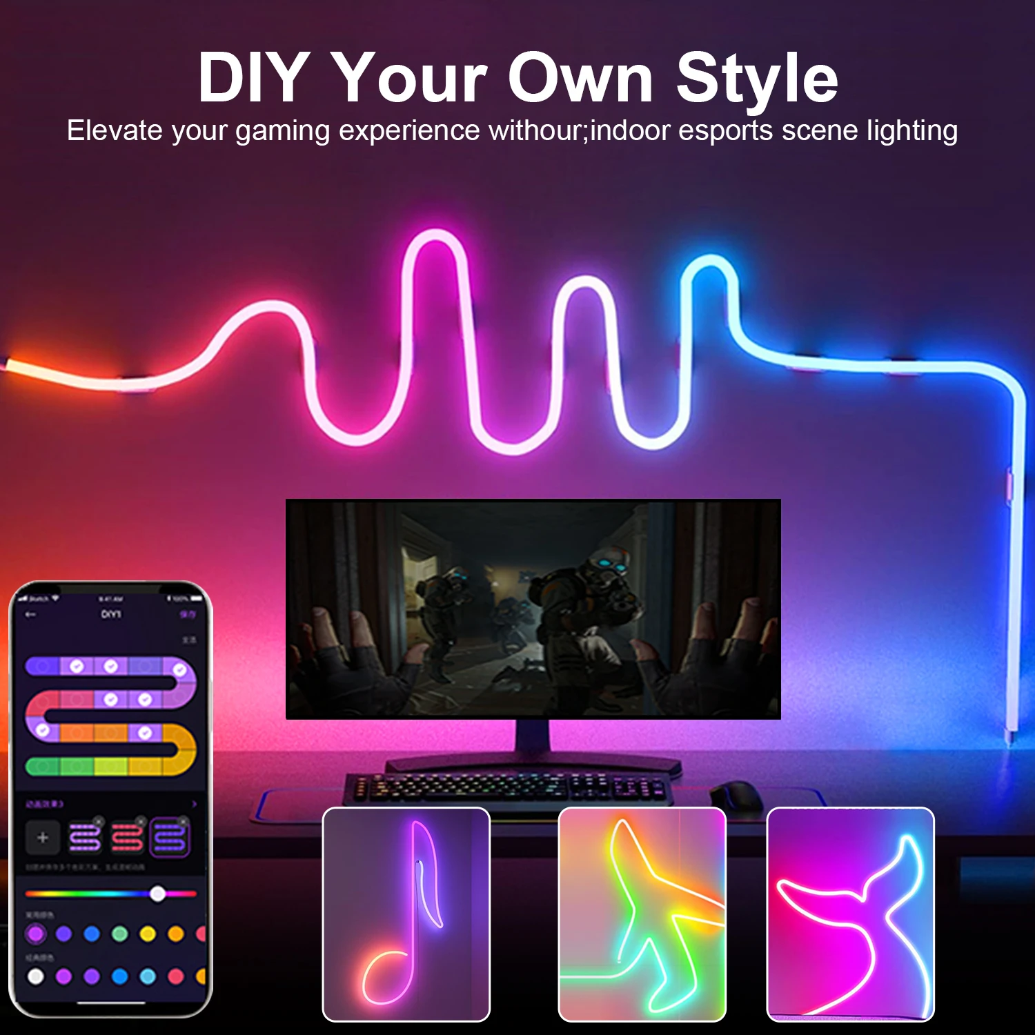 Imagem -03 - Multicolor Neon Rope Lights Música Sync Controle Faça Você Mesmo Mergbw Chasing Strip Tape Gaming Room Living Bedroom Wall Decor Night Light