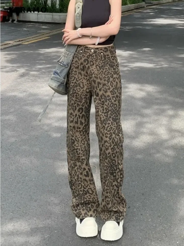 

Vintage Harajuku Y2K Slim Fit High Waist Jeans 2024 Summer Sheath Leopard Print Pants Women Sheath Street Skinny Denim Trouser