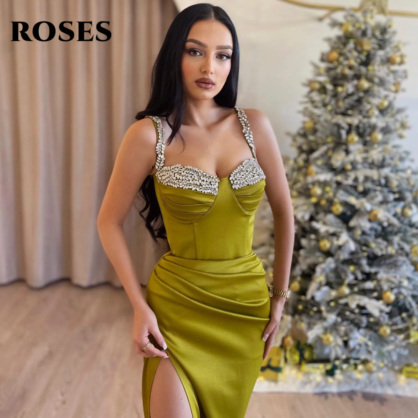 Vestido de fiesta plisado de lentejuelas con cuello Halter, vestido de noche plisado, vestido de fiesta con abertura, vestido de sirena, correa de espagueti, manchas, color verde, rosas