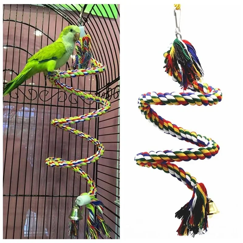 Parrot Birds Stainless Steel Cotton Rope Toy Hanging Rope With Hook 50cm Training Hang Swings Birds Cage Supplies