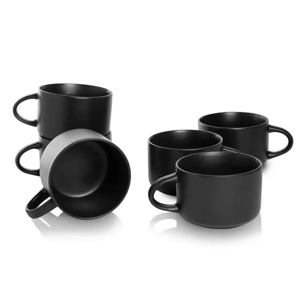 6-Piece Matte Black Oversized 22 Oz Ceramic Mug Set Modern Minimalist Design Great Soups Cereal and Ice Cream Oven Microwave &