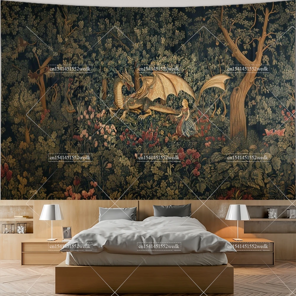 Tapiz Medieval de dragón de fantasía para colgar en la pared, tapices de paisaje, decoración estética para habitación, carteles, paños de fondo Retro