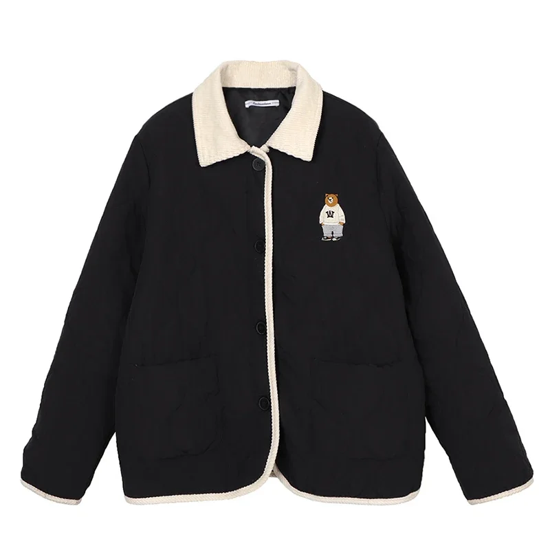 2024 New Black Rhombic Pattern Quilted Jacket Korean Bear Embroidery Retro Thickened Coat Women Winter Casual Oversize Jacket