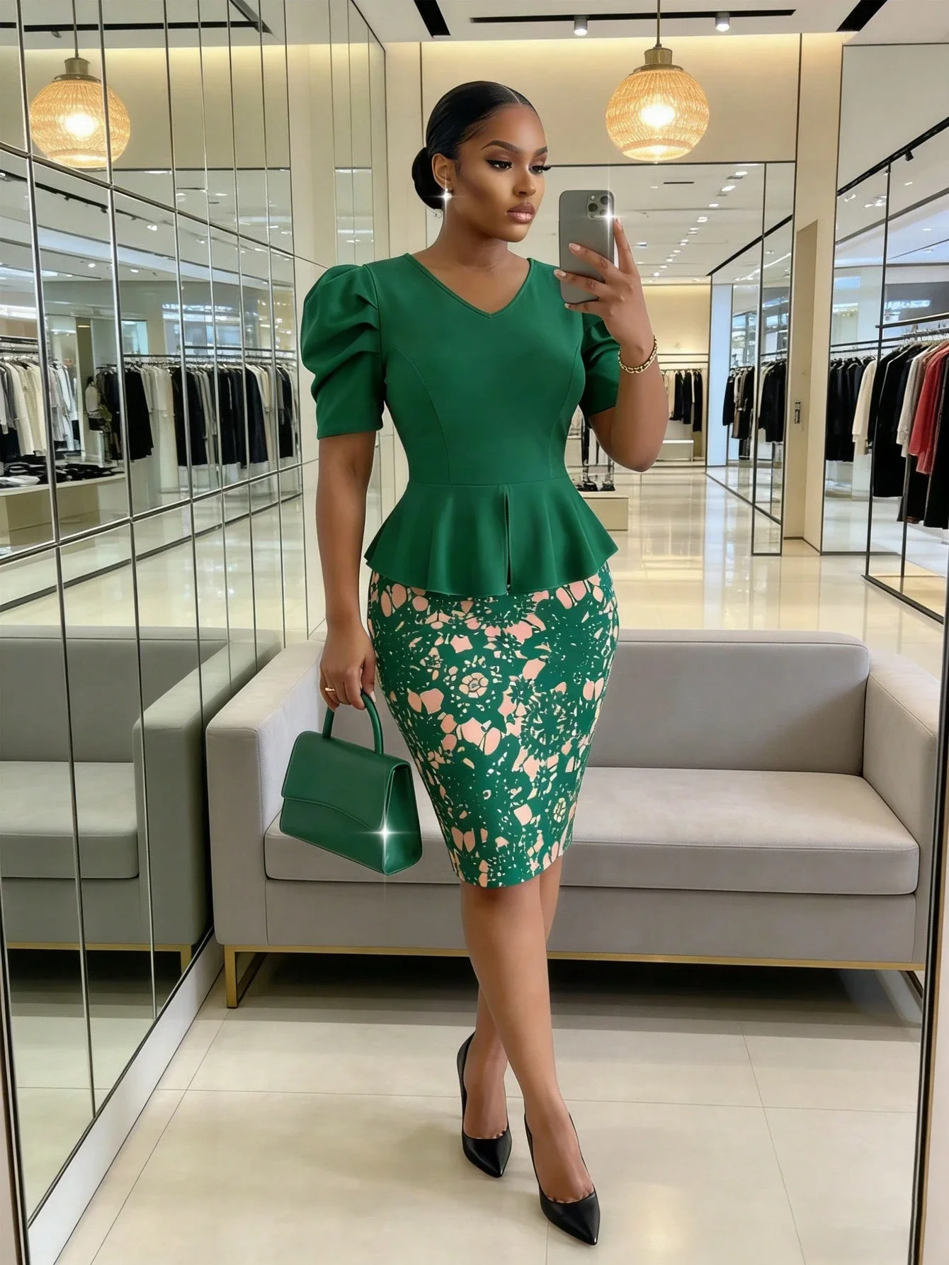 

Elegant Peplum Top And Floral Lace Skirt Two Piece Set Office Wear