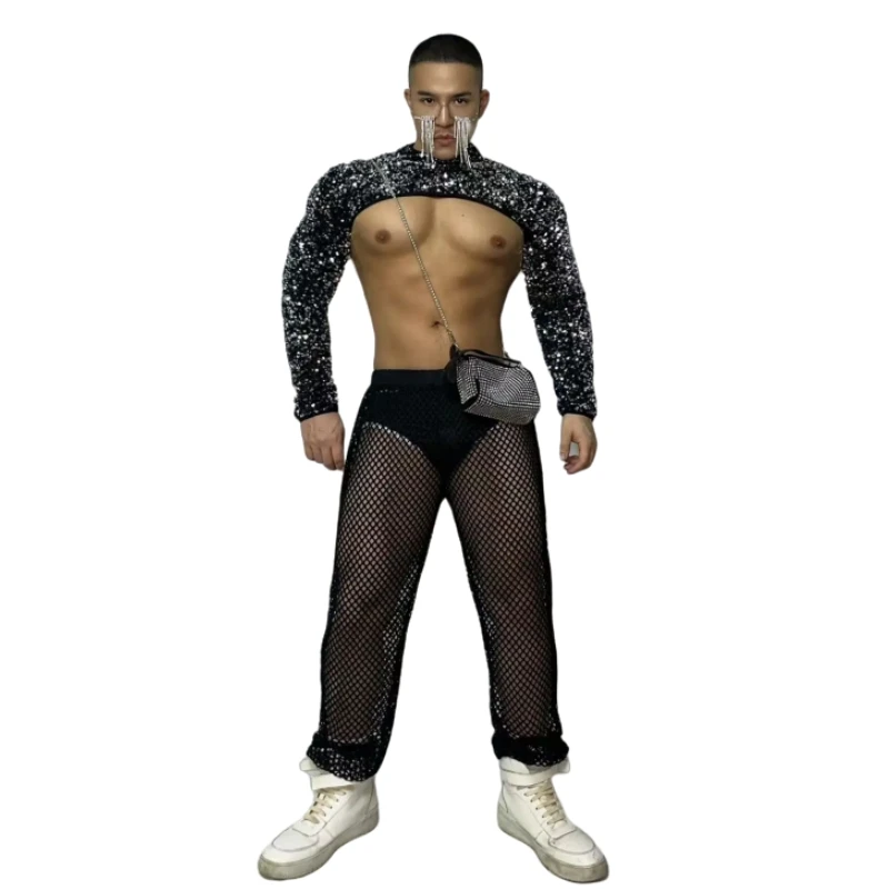 Male Nightclub DJ Pole Dance Costume Silver Sequins Shoulder Sleeve Mesh Pants Outfits Bar Dancer Gogo Party Performance Clothes