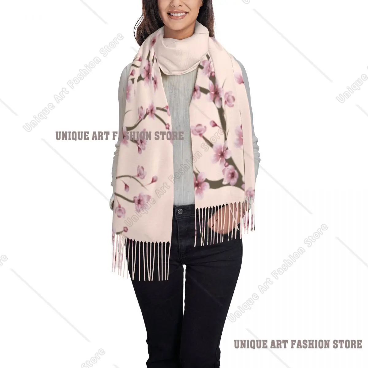Ladies Long Blooming Sakura Branch Scarves Women Winter Fall Thick Warm Tassel Shawl Wrap Cherry Blossom Japanese Flower Scarf