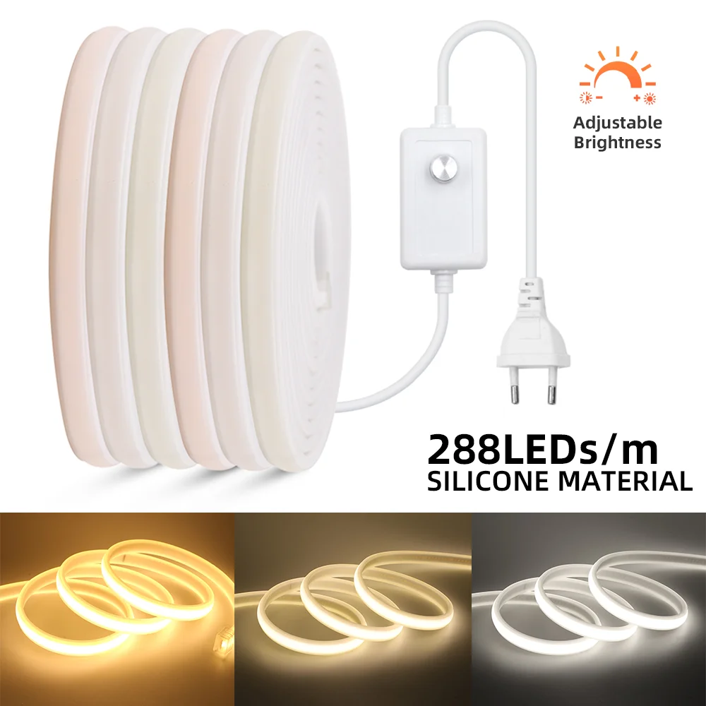 

AC 220V COB Neon Light Strip 288Leds/m RA 90 High Density Flexible LED Tape IP67 Waterproof Outdoor Lamp Dimmable COB LED Strip