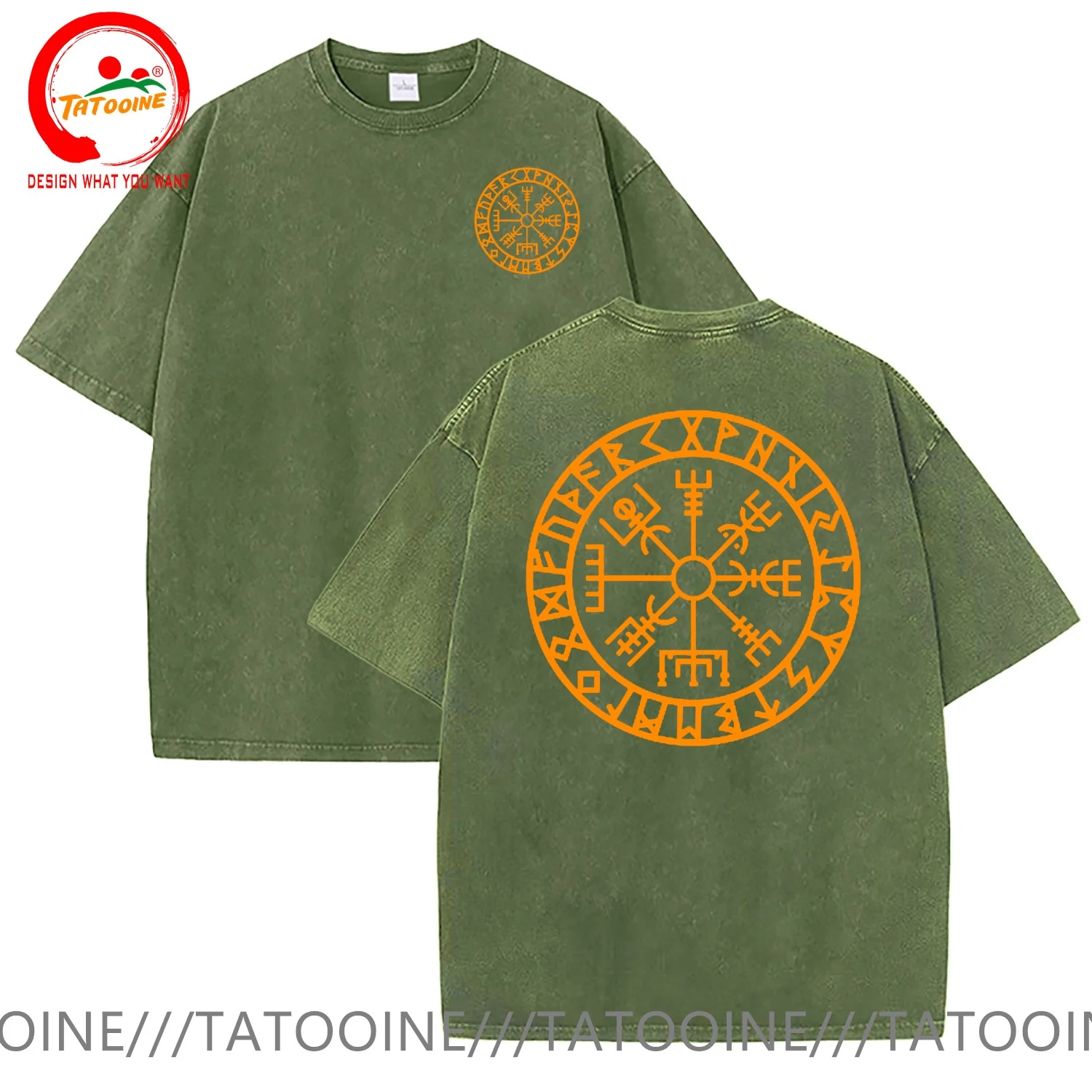 Odin Icelandic Vegvisir Compass Rune Amulet T Shirt Men Vintage Washed Cotton T-Shirt Stylish Clothing Tops Tee Shirt Leisure