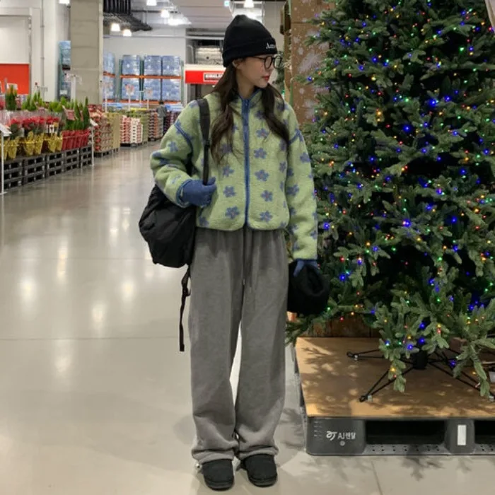 Warm Lamb Fur Jaet Blue Flower Pattern Retro Sle Women's Winter Coat Korean Sle Regular Fit Medium Softn Online Excl...