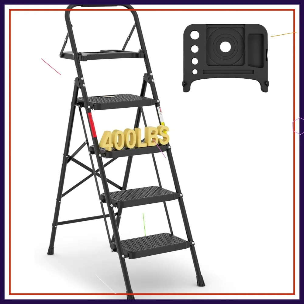 

4-Step Folding Ladder with Tool Tray, Anti-Slip Pedals, Handrail, 400lbs Max Load, Lightweight Steel for Home & Work