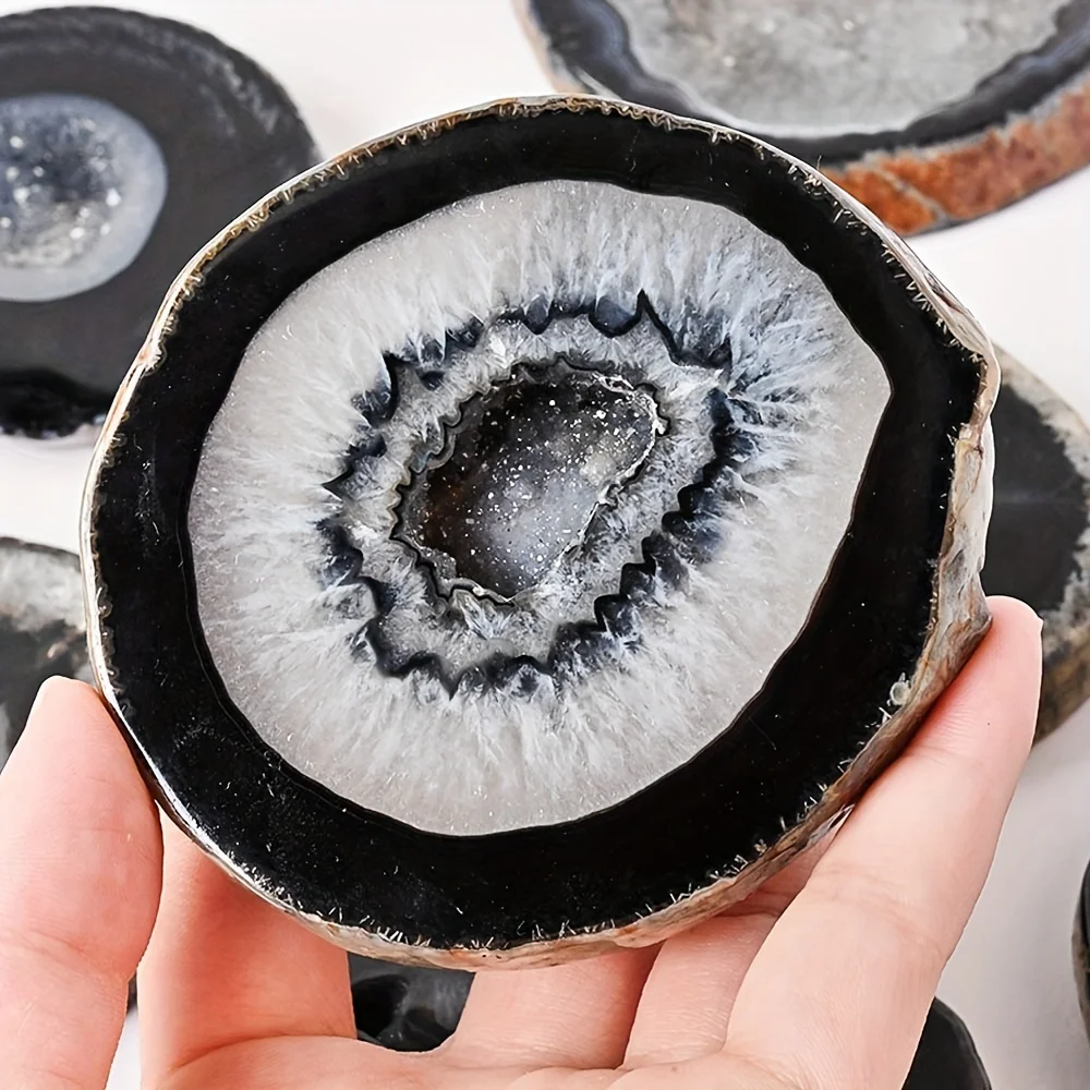 1pc Natural Black Agate Geode Slice Style Round Cut Crystal with Natural Inclusions Glossy Black Agate Gift for Home&Office view 3