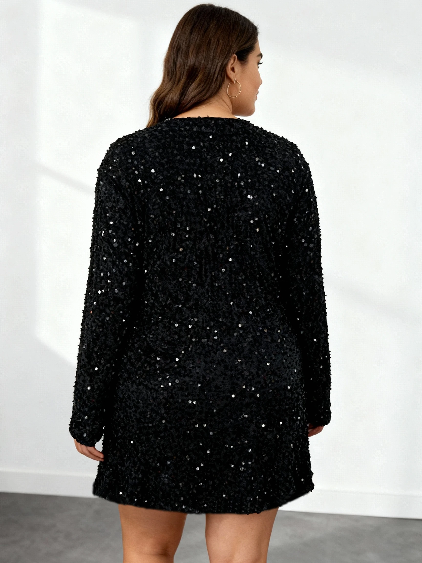 여성용 플러스 사이즈 스팽글 드레스, 비즈 장식 V넥 우아한 긴 소매 반짝이는 파티 이브닝 드레스 편안한 슬리밍 핏