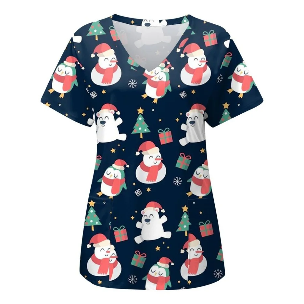 Christmas Scrubs Medical Uniforms Woman Fashion Snowman Print Summer Casual V-Neck Short Sleeve with Pockets Surgical Uniform