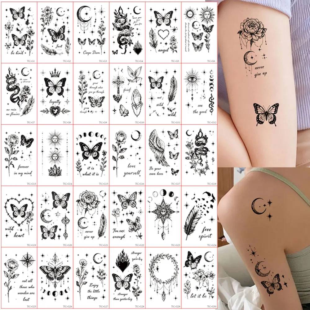 30pcs Waterproof Small Tattoo Stickers Flower Snake Moon Pattern Temporary Tattoo Hand And Body Decoration Fake Tattoo