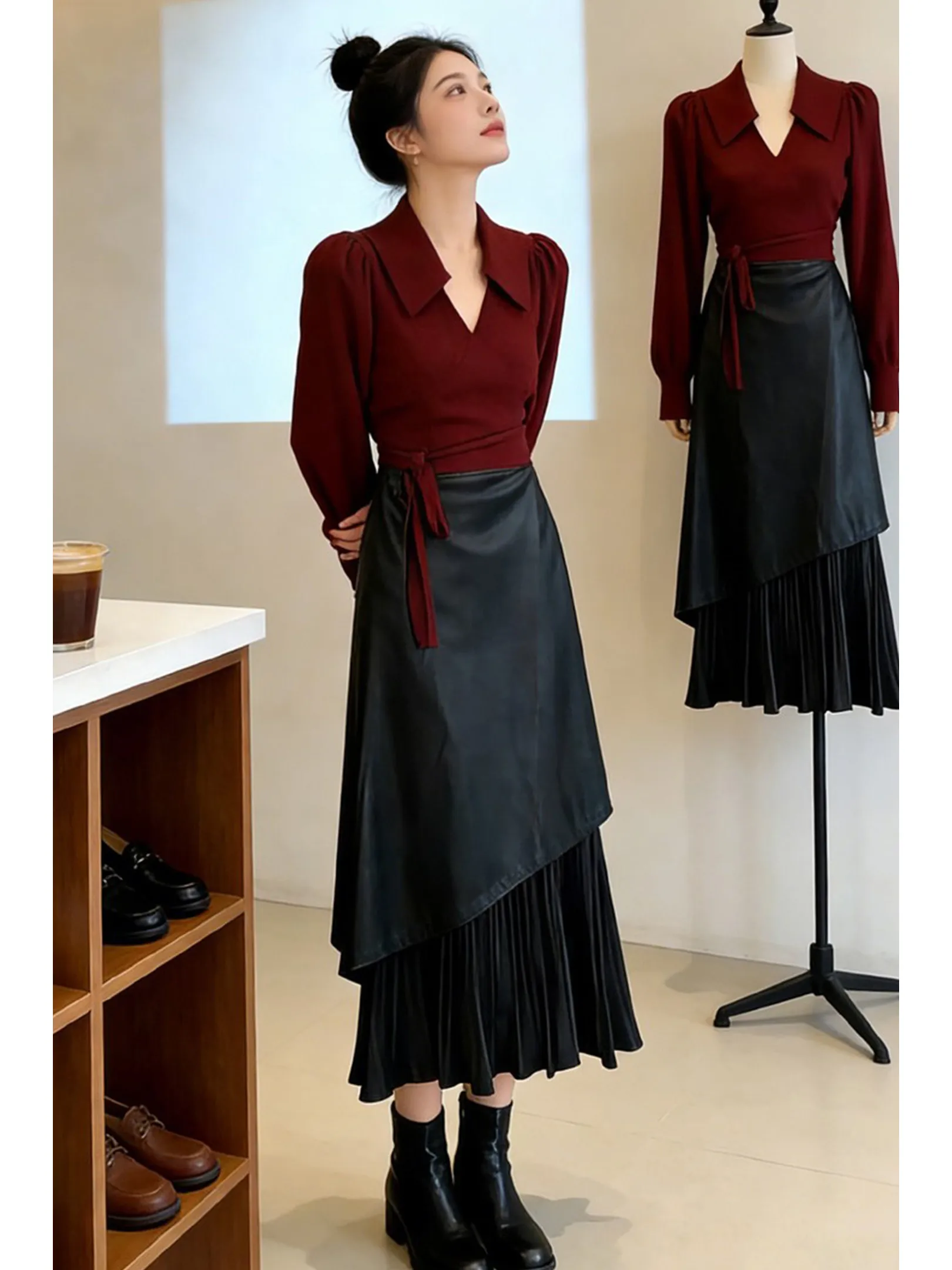 

Red irt And Skirt Set Women's Spring High-End ort Bubblesve Tie Design Fitted High Waist Color Faion Set