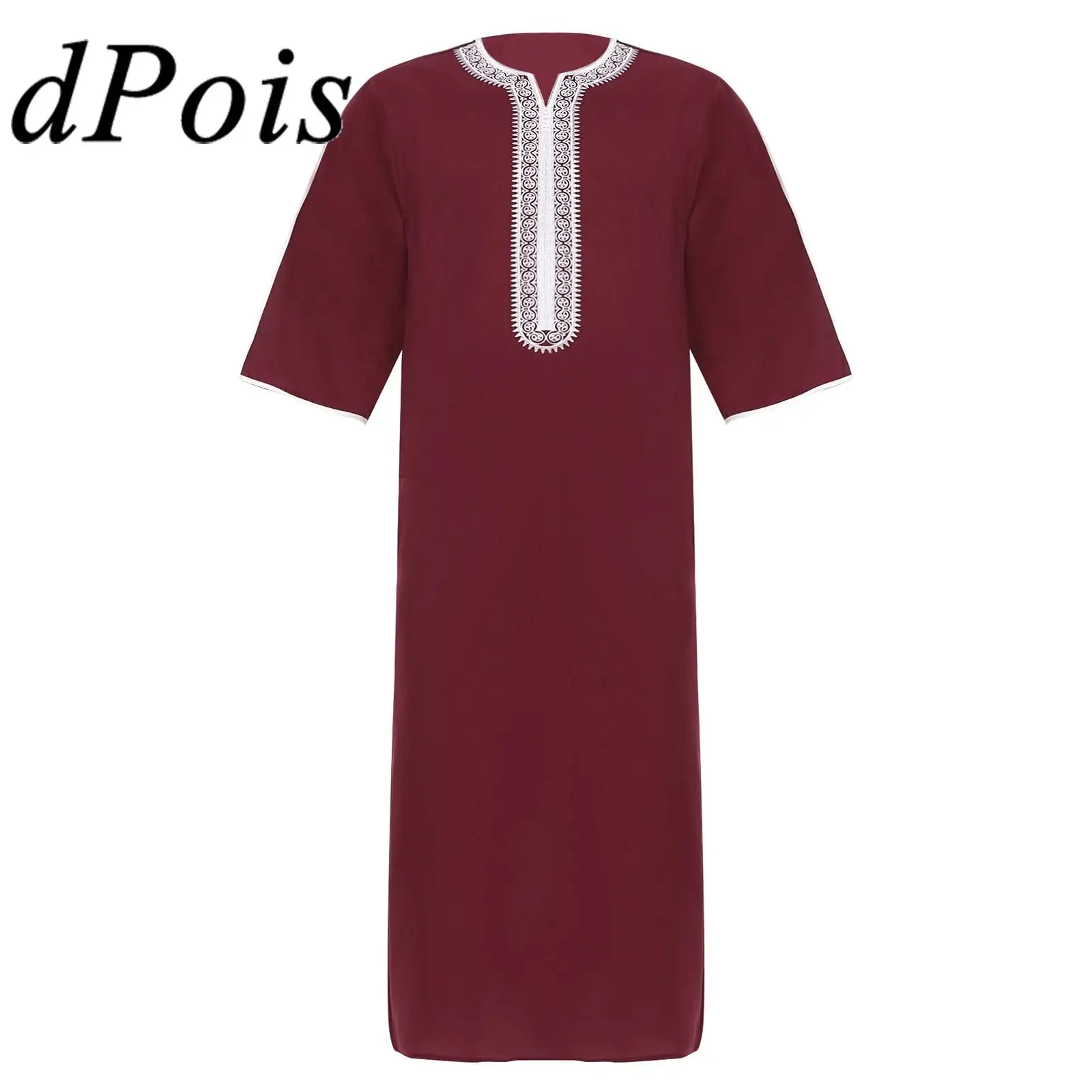 

Mens Islamic Muslim Embroidered Robe V Neck Half Sleeve Arab Abaya Middle Eastern Casual Robe