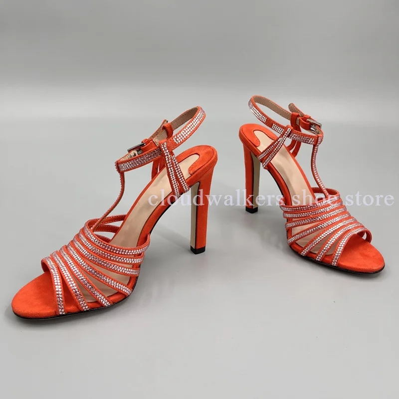 

Women's T-Strap Connect Narrow Belt Handmade Full Diamond Exquisite Sandal Peep Toe Ankle Strap Buckle Banquet High Heel Sandal