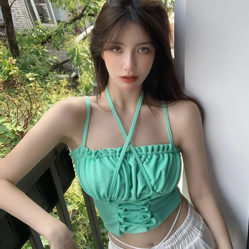 Women Summer Solid Color Halter  Exposed Navel Knitted Camisole Woman clothes 2024 Korean reviews clothes