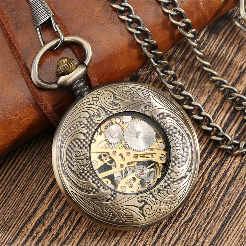 Bronzen Unisex Handopwindende Mechanisch Zakhorloge Holle Vlieg Paard Cover Hanger Ketting Arabisch Cijfer Display Uurwerk