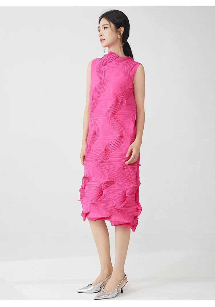 Miyake Plissierter Einfarbiger Rock 2025 Sommer Neues Kleid Elegantes Ärmelloses Loses Vielseitiges Midikleid – Detail 7