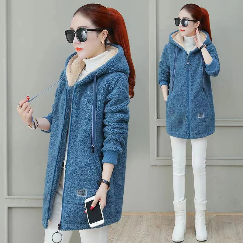 Add Fleece Thick Coat Loose Large Size Women\'s New Fashion Winter Hooded Student Cardigan Imitation Lamb Wool Coat