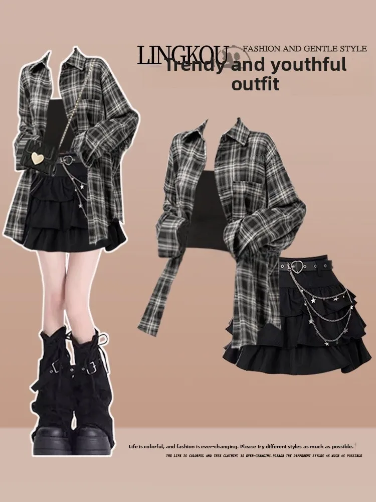 

Spring Summer Casual Plaid Shirt And Crop Top Set Women's Style Short Skirt Three Piece Set Korean Fashion Slimming Cake Skirt