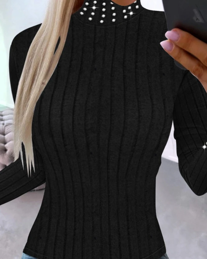 Women's Top 2023 New Hot Selling Fashion Tight Beaded High Neck Long Sleeve Top Fit Sweater In Stock